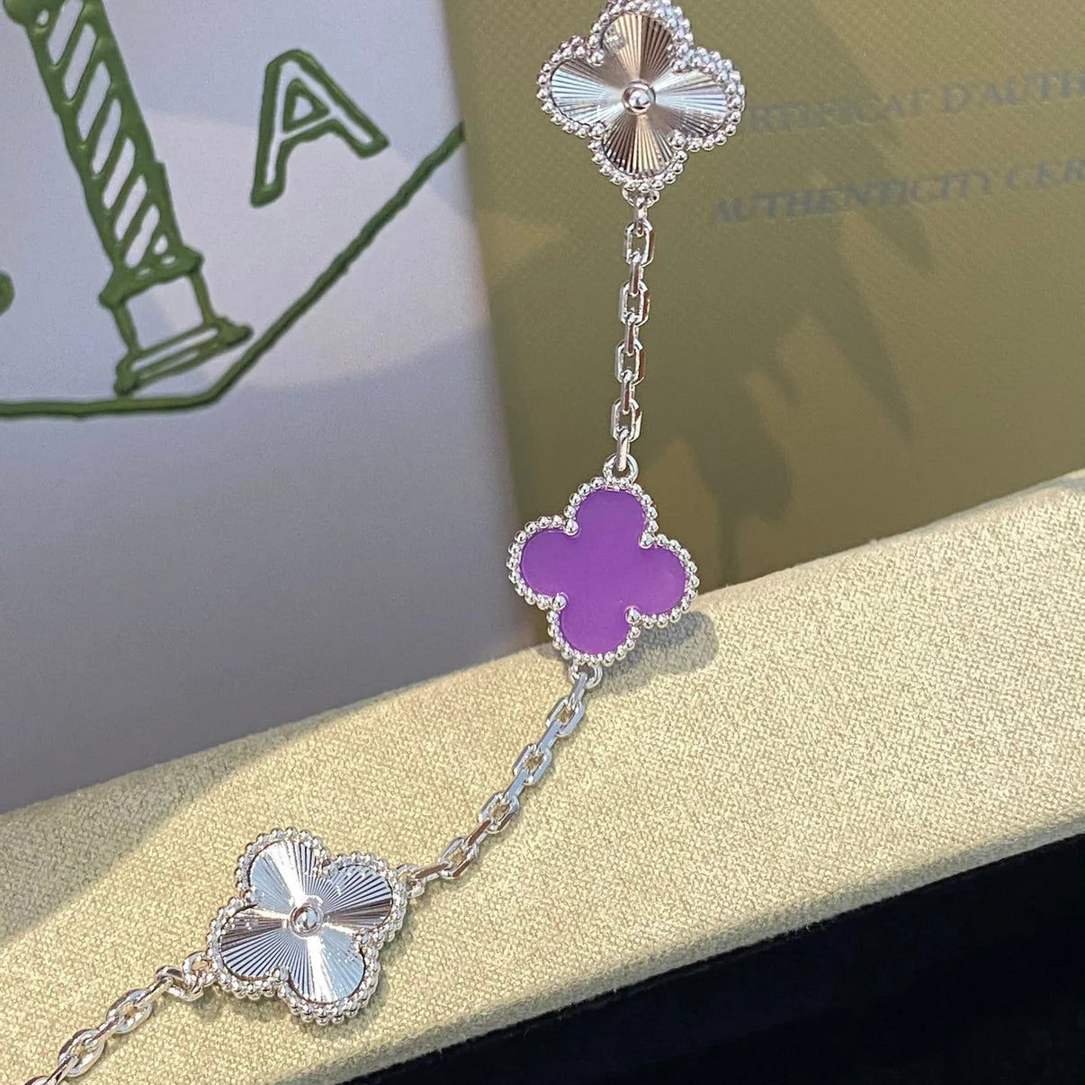 Lucky 5-Motif Clover Serenity Bracelet - Natural Violet Gemstone