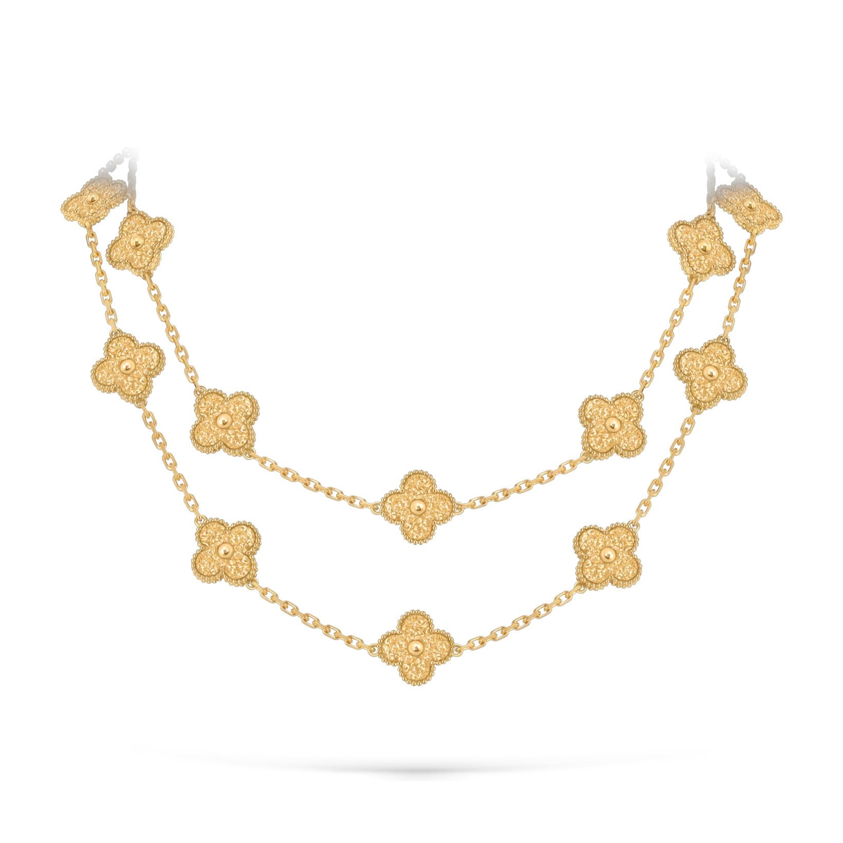 Classic 20-Motif Lucky Clover Long Necklace - 20-Flower Statement Chain Gold Collection