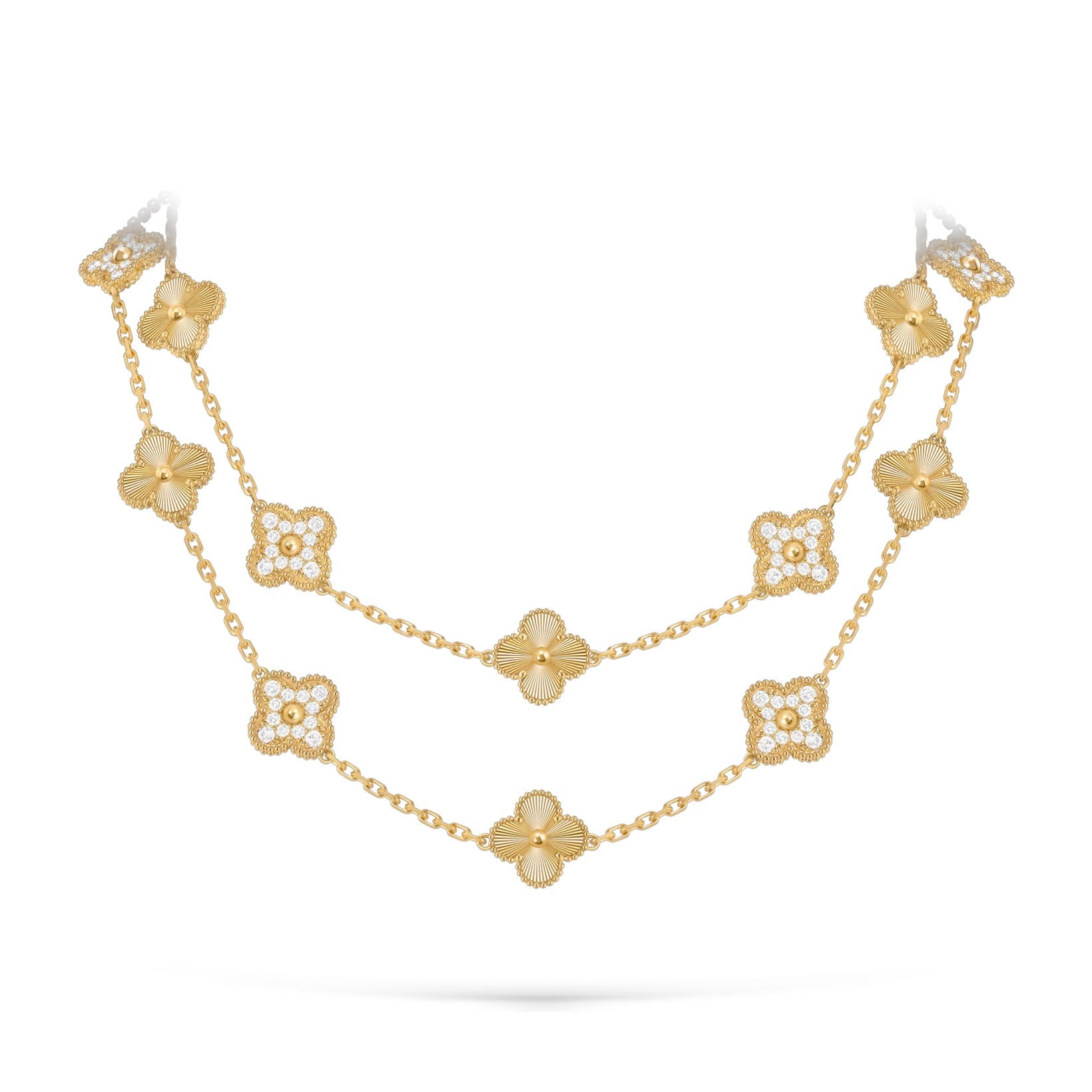 Classic 20-Motif Lucky Clover Long Necklace - 20-Flower Statement Chain Gold Collection