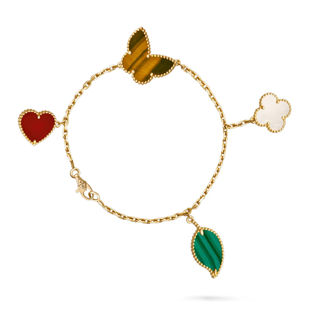 Glücks-Natur-Armband mit mehreren Anhängern – Schmetterlings-, Kleeblatt-, Herz- und Blattmotive