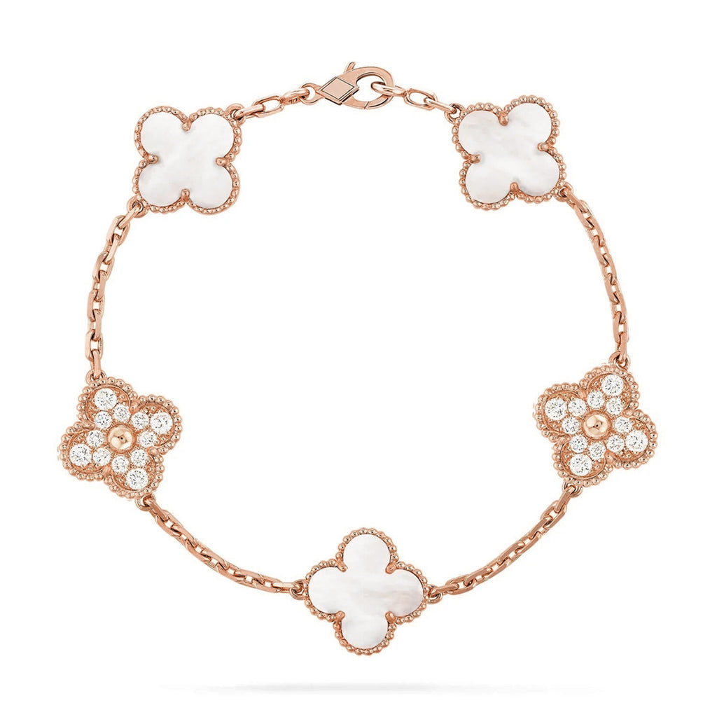 Glückliches 5-Motiv Kleeblattarmband - Natur Perlmutt