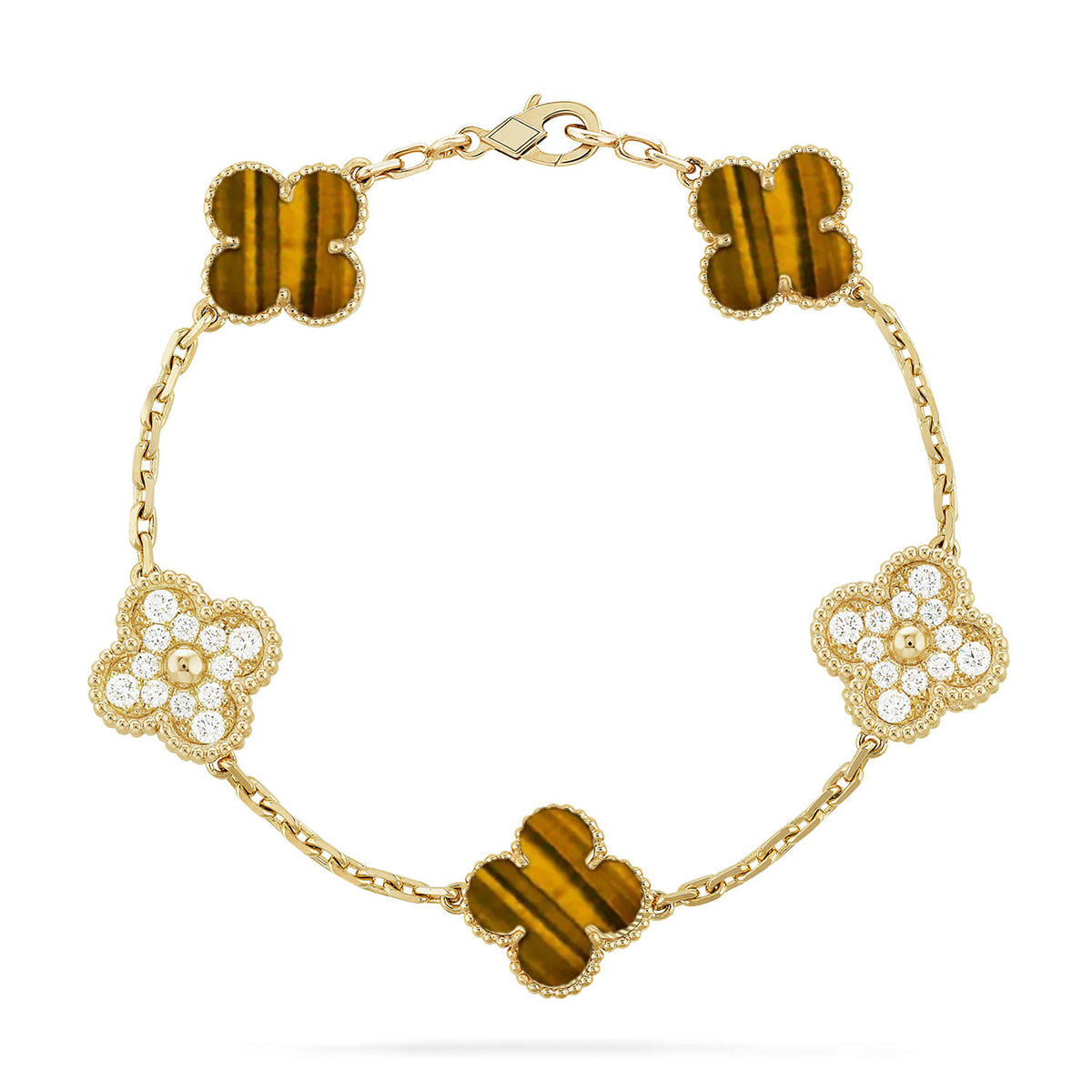 Lucky 5-Motif Clover Prosperity Bracelet - Natural Tiger’s Eye Gemstone