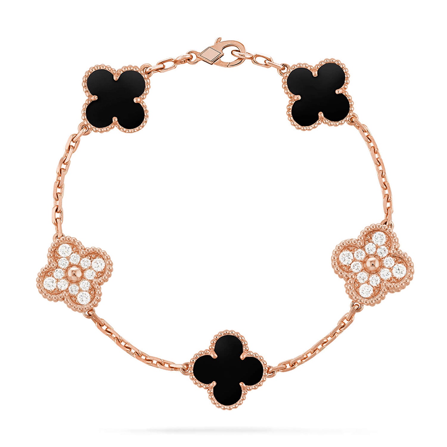 Lucky 5-Motif Clover Obsidian Protective Bracelet - Natural Black Obsidian