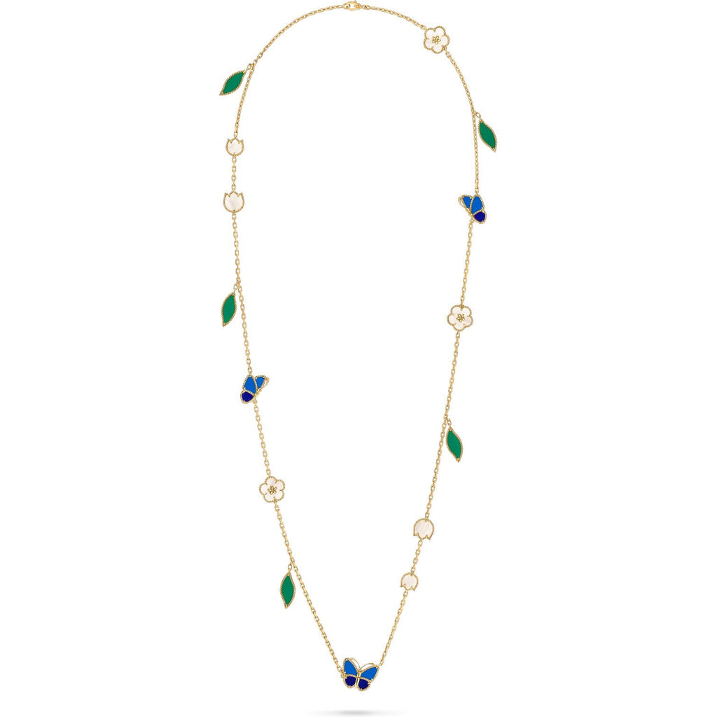 Glücklicher Frühlings-Schmetterlings- und Blumen-Statement-Halskette – Florales Design mit 15 Motiven