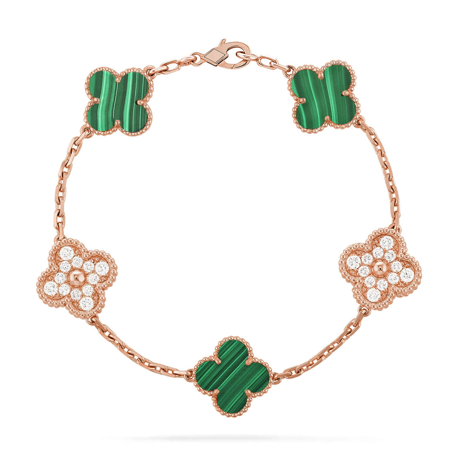 Lucky 5-Motif Clover Prosperity Bracelet - Natural Malachite Gemstone