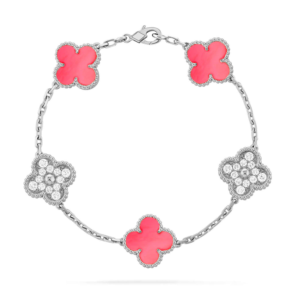 Lucky 5-Motif Clover Serenity Bracelet - Natural Pink Mother of Pearl