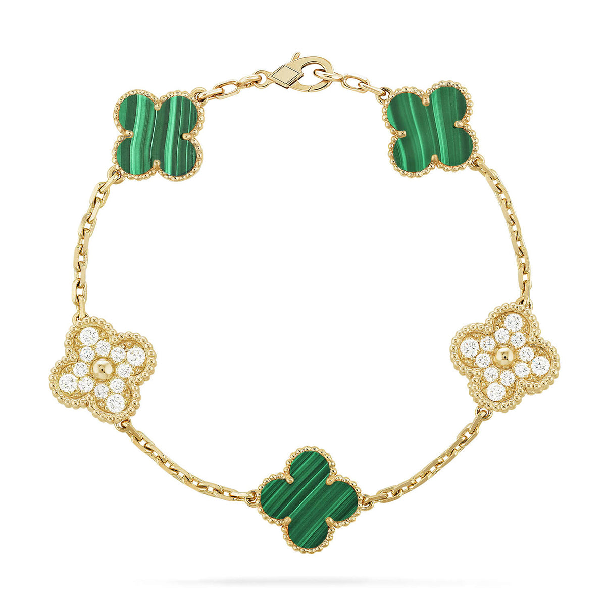 Lucky 5-Motif Clover Prosperity Bracelet - Natural Malachite Gemstone