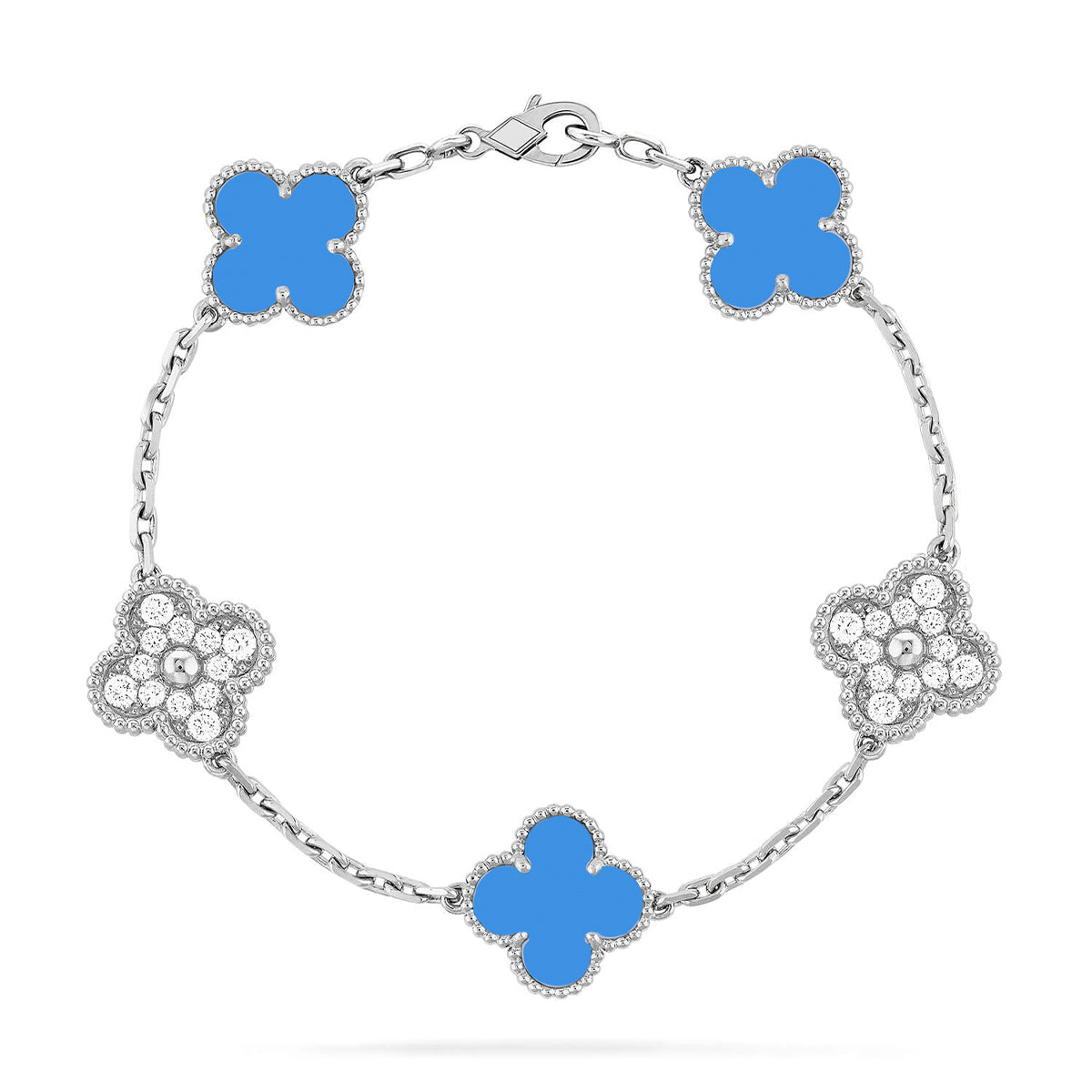Lucky 5-Motif Clover Serenity Bracelet - Natural Blue Agate