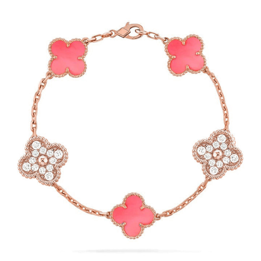 Lucky 5-Motif Clover Serenity Bracelet - Natural Pink Mother of Pearl