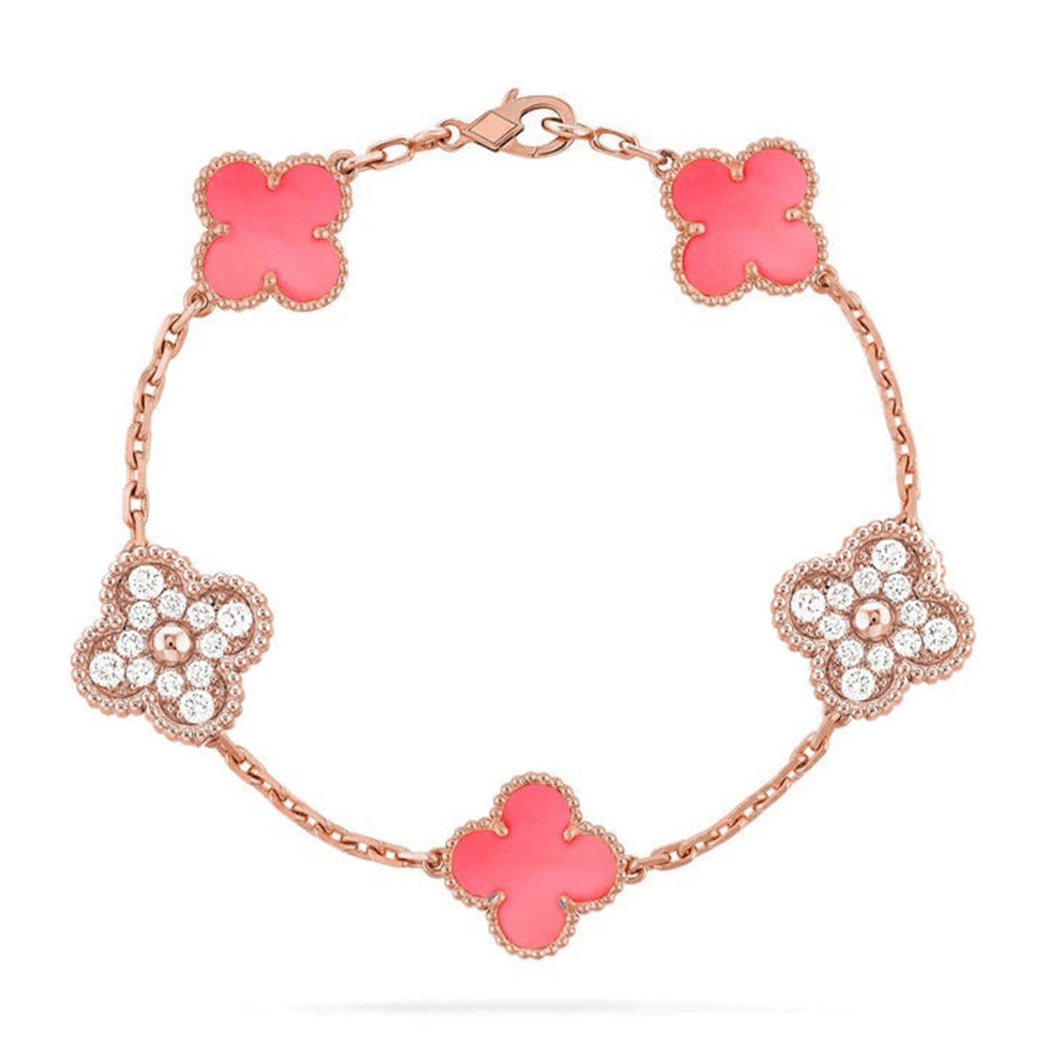 Lucky 5-Motif Clover Serenity Bracelet - Natural Pink Mother of Pearl