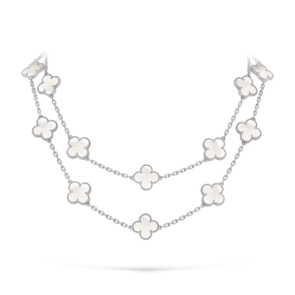 Classic 20-Motif Lucky Clover Long Necklace White Gold Collection