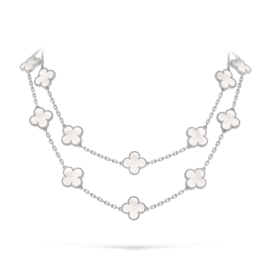 Classic 20-Motif Lucky Clover Long Necklace White Gold Collection