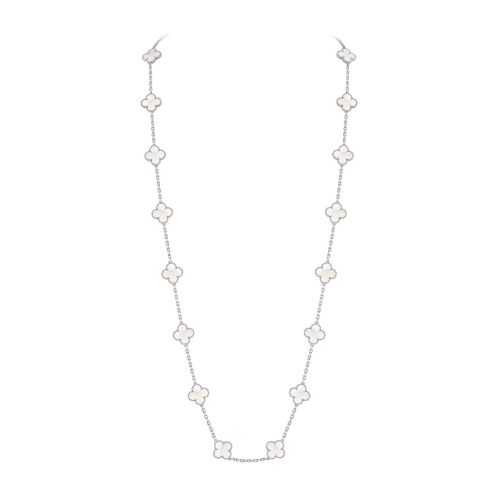 Classic 20-Motif Lucky Clover Long Necklace White Gold Collection