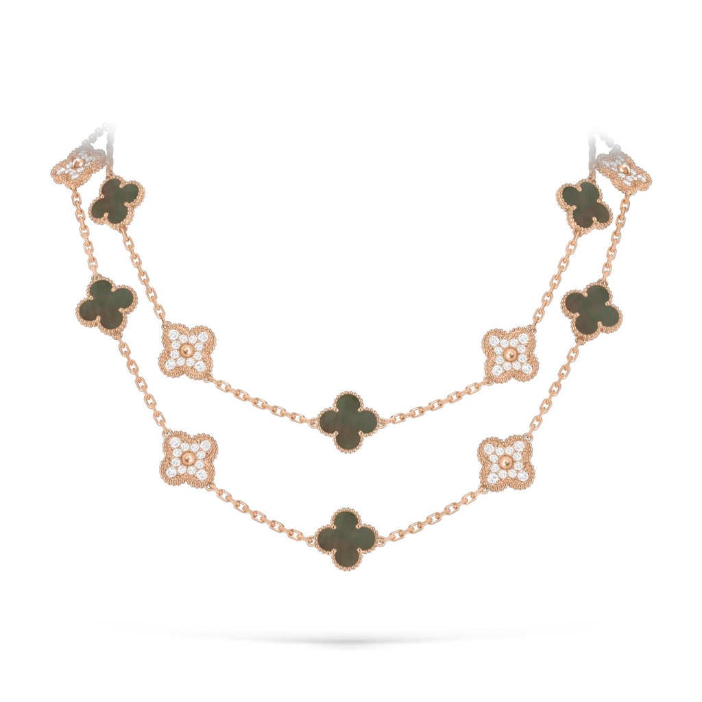 Klassische lange Halskette „Lucky Clover“ mit 20 Motiven, Roségold-Kollektion