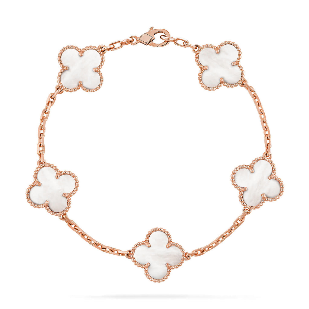 Glückliches 5-Motiv Kleeblattarmband - Natur Perlmutt