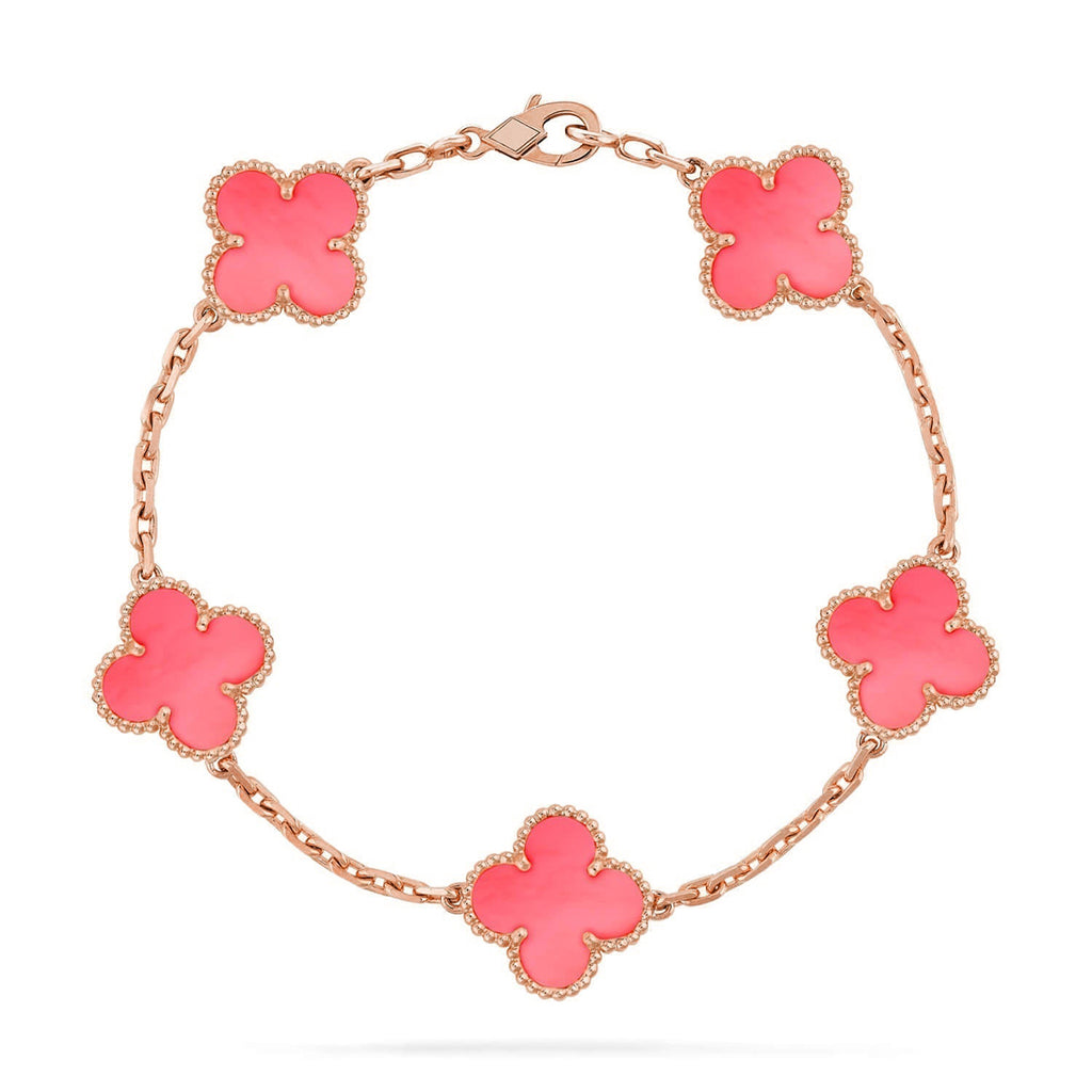 Lucky 5-Motif Clover Serenity Bracelet - Natural Pink Mother of Pearl