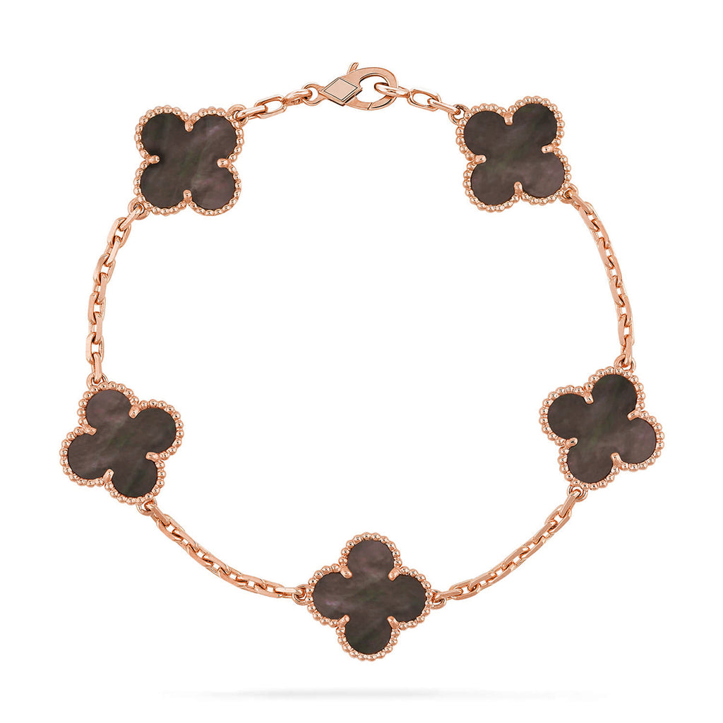 Glücks-Armband mit 5-Motiv-Kleeblatt und Perlmutt – Naturfarbenes graues Perlmutt