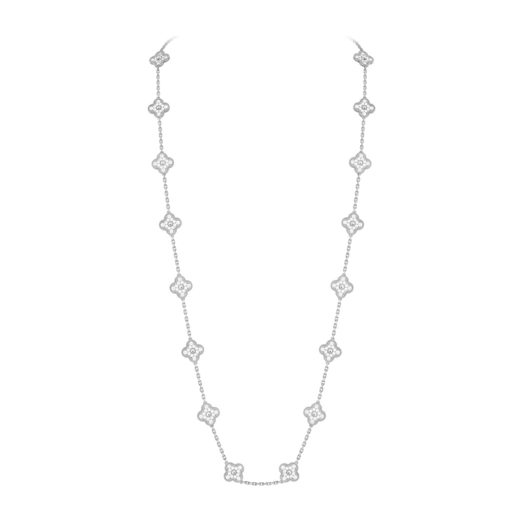 Classic 20-Motif Lucky Clover Long Necklace White Gold Collection
