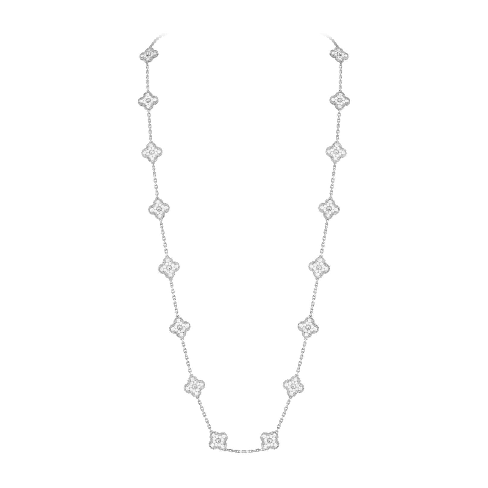 Classic 20-Motif Lucky Clover Long Necklace White Gold Collection