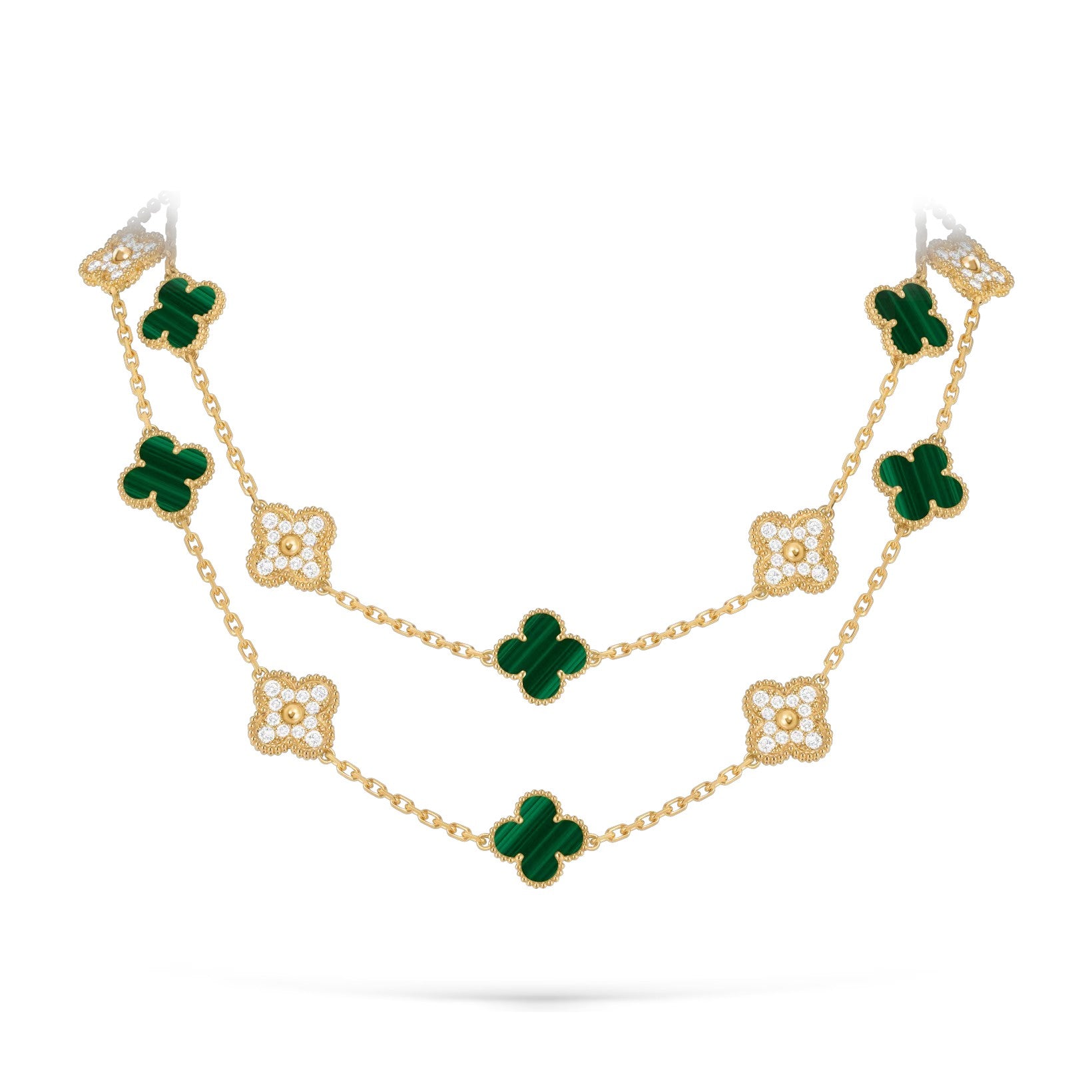 Classic 20-Motif Lucky Clover Long Necklace - 20-Flower Statement Chain Gold Collection