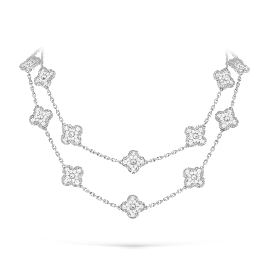 Classic 20-Motif Lucky Clover Long Necklace White Gold Collection
