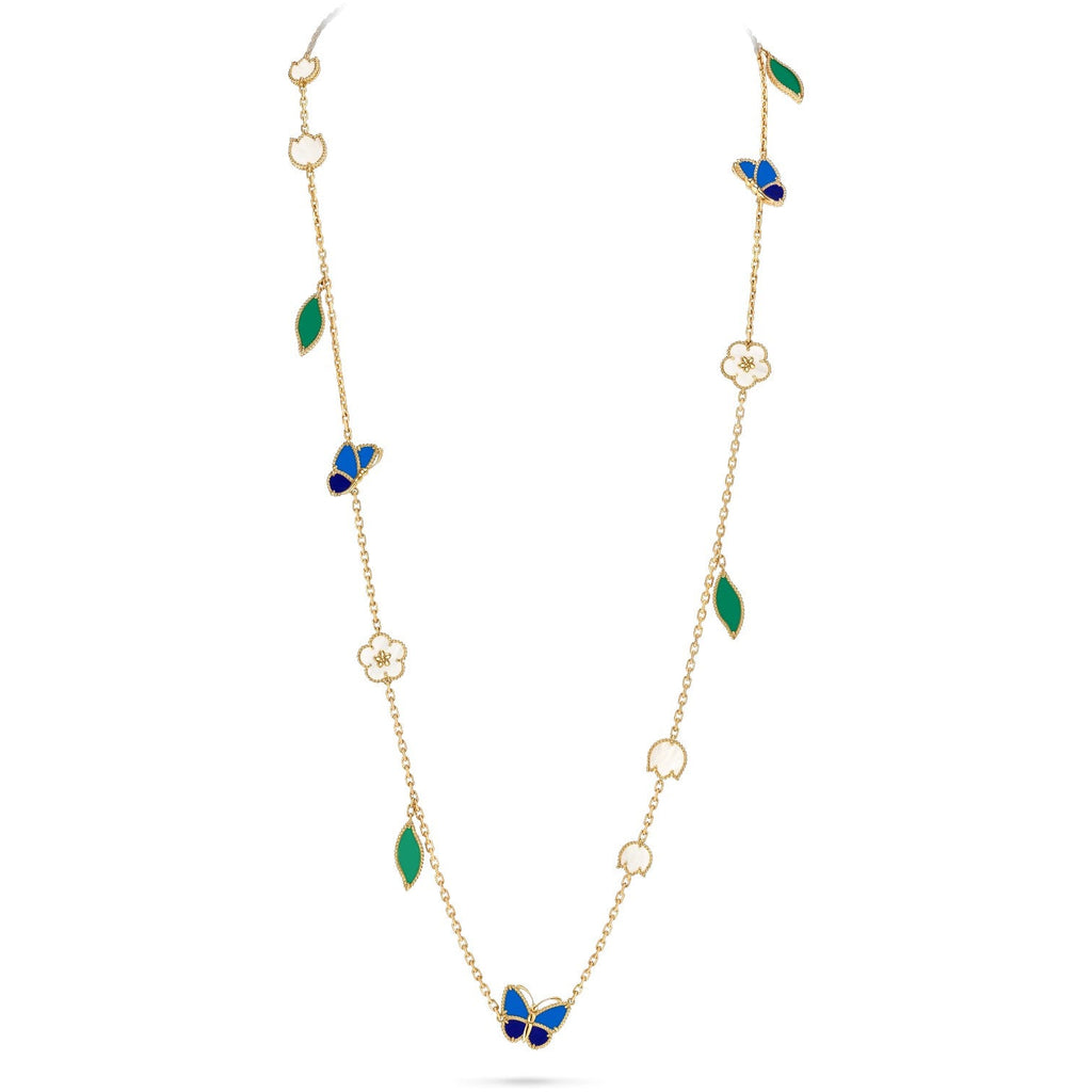Glücklicher Frühlings-Schmetterlings- und Blumen-Statement-Halskette – Florales Design mit 15 Motiven