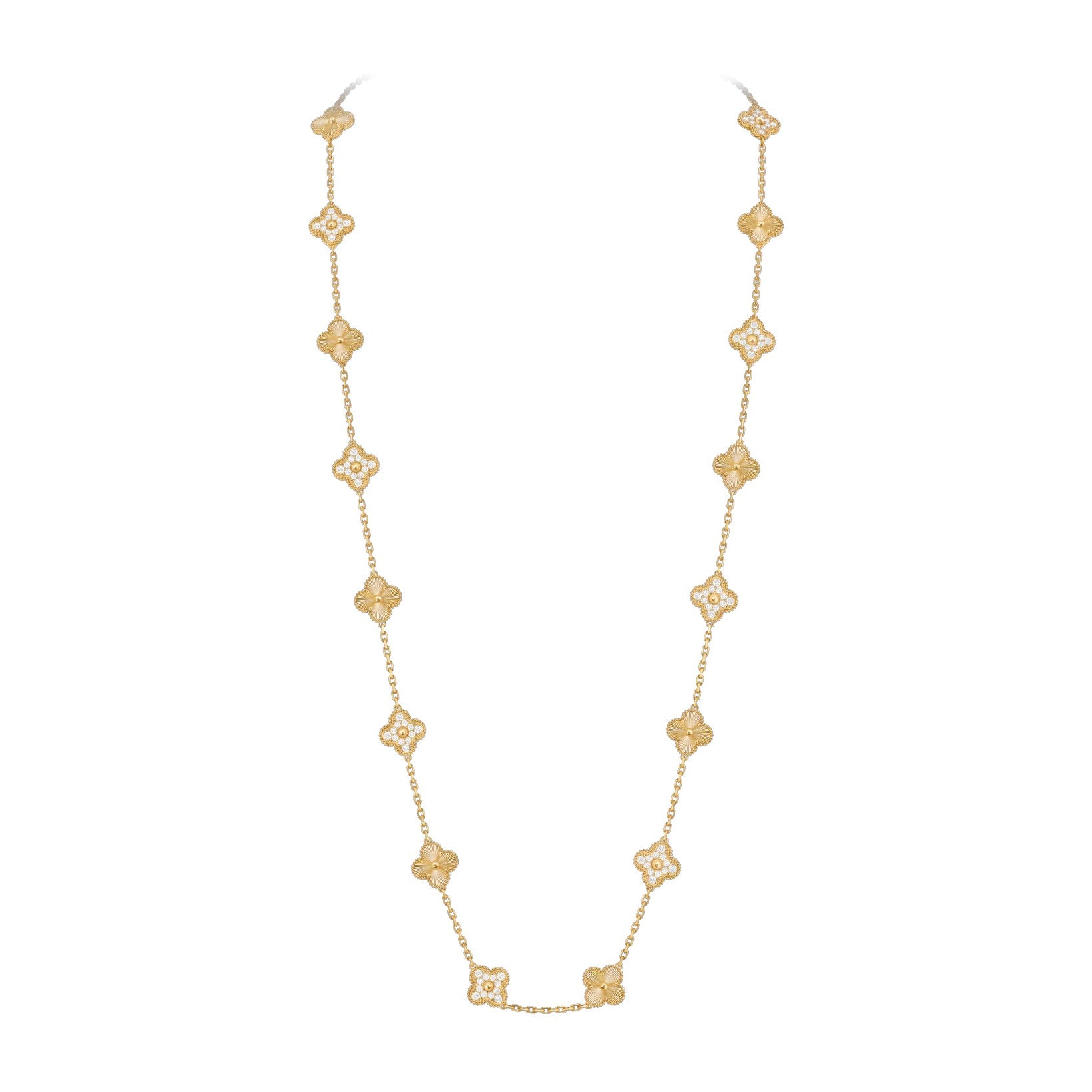 Classic 20-Motif Lucky Clover Long Necklace - 20-Flower Statement Chain Gold Collection