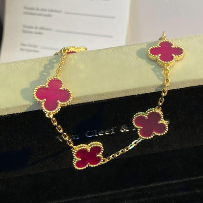 NEW CLOVER 5 MOTIFS PINK ENAMEL BRACELET