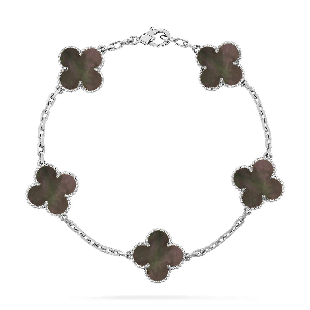 Glücks-Armband mit 5-Motiv-Kleeblatt und Perlmutt – Naturfarbenes graues Perlmutt