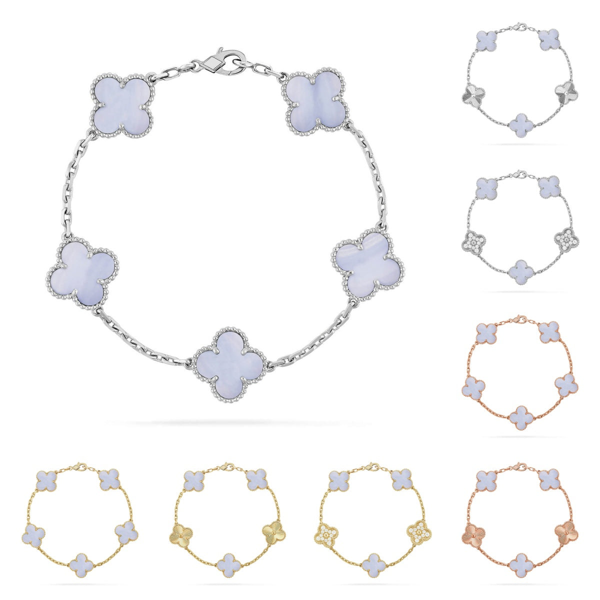 Armband Lucky Clover mit 5 Motiven – Kollektion aus violettem Chalcedon