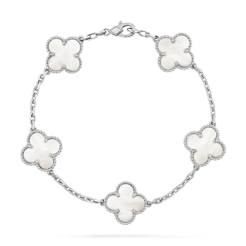 Glückliches 5-Motiv Kleeblattarmband - Natur Perlmutt