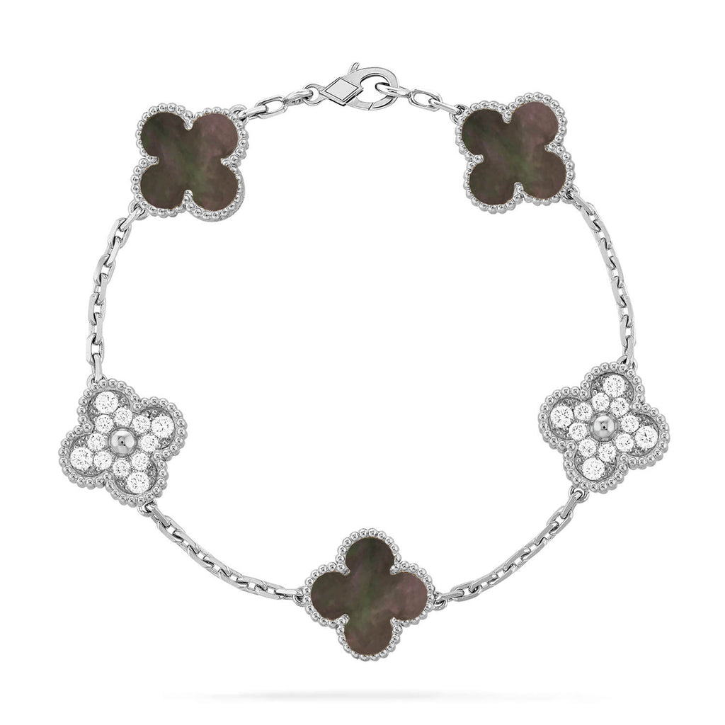 Glücks-Armband mit 5-Motiv-Kleeblatt und Perlmutt – Naturfarbenes graues Perlmutt