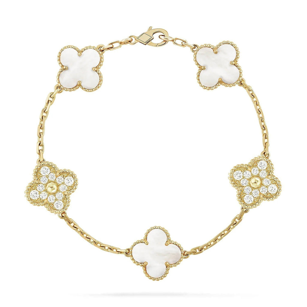 Glückliches 5-Motiv Kleeblattarmband - Natur Perlmutt