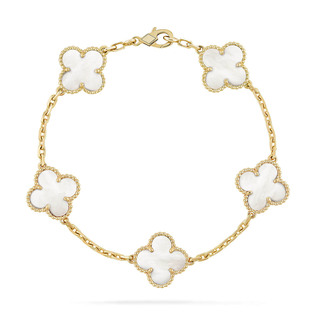 Glückliches 5-Motiv Kleeblattarmband - Natur Perlmutt