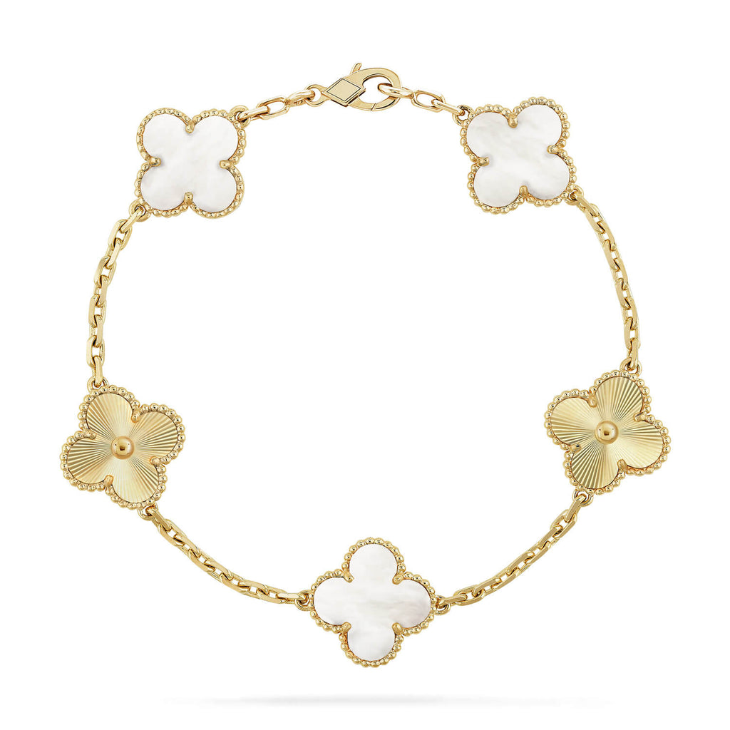 Glückliches 5-Motiv Kleeblattarmband - Natur Perlmutt