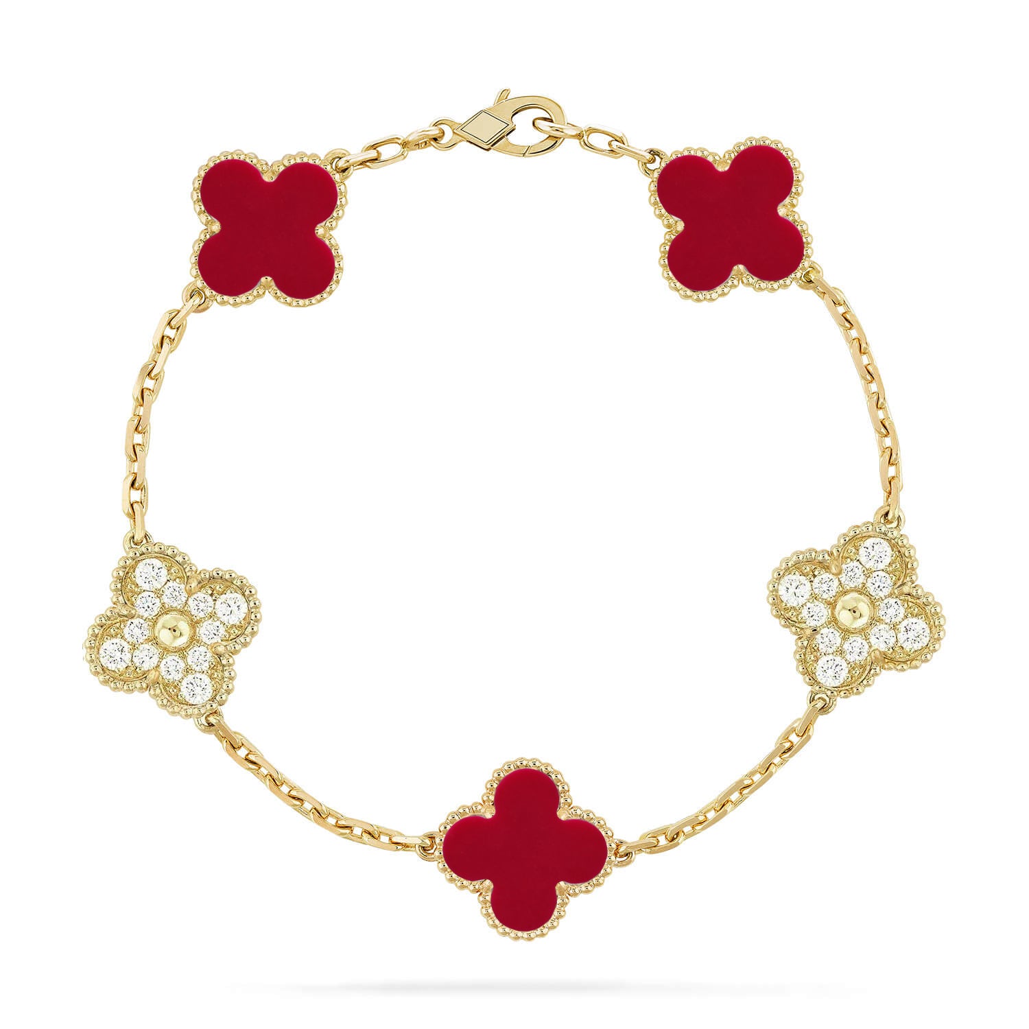 Lucky 5-Motif Clover Passion Bracelet - Natural Red Chalcedony