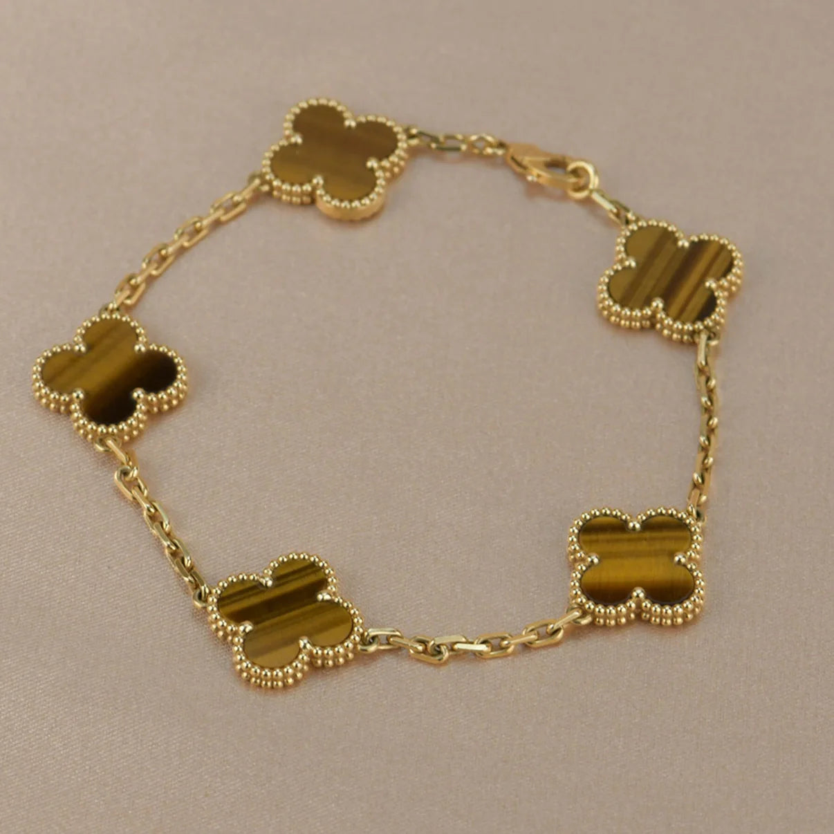 Lucky 5-Motif Clover Prosperity Bracelet - Natural Tiger’s Eye Gemstone