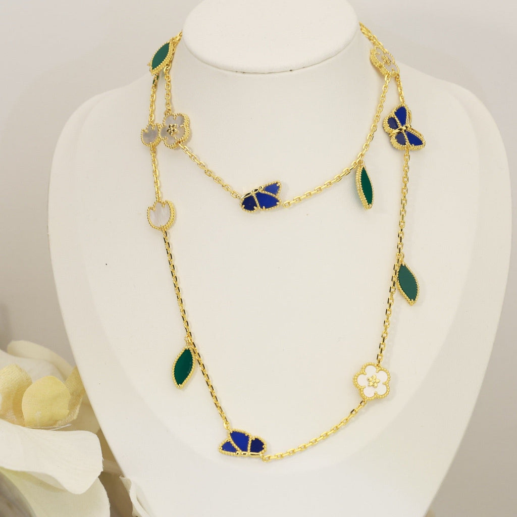 Glücklicher Frühlings-Schmetterlings- und Blumen-Statement-Halskette – Florales Design mit 15 Motiven