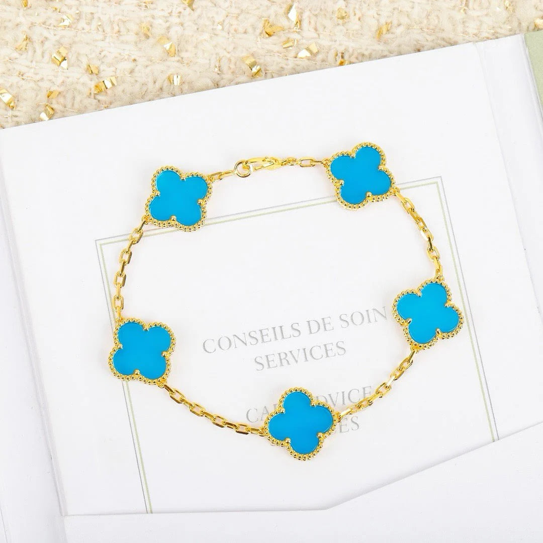 Lucky 5-Motif Clover Prosperity Bracelet - Natural Turquoise Gemstone