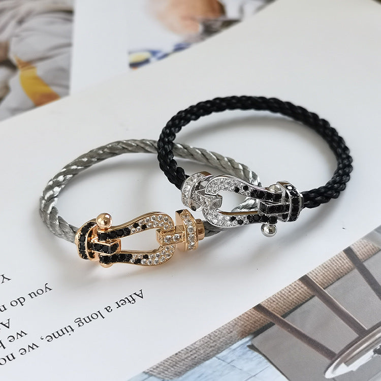 FORCE Large Horseshoe Black & White Diamond Bracelet - Yin-Yang Balance & Luck Magnet Talisman - Rose Gold