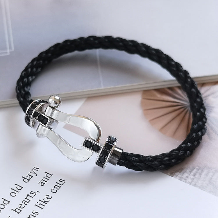 FORCE Large Horseshoe Black Diamond Bracelet - Grounding Protection & Power Talisman - White Gold