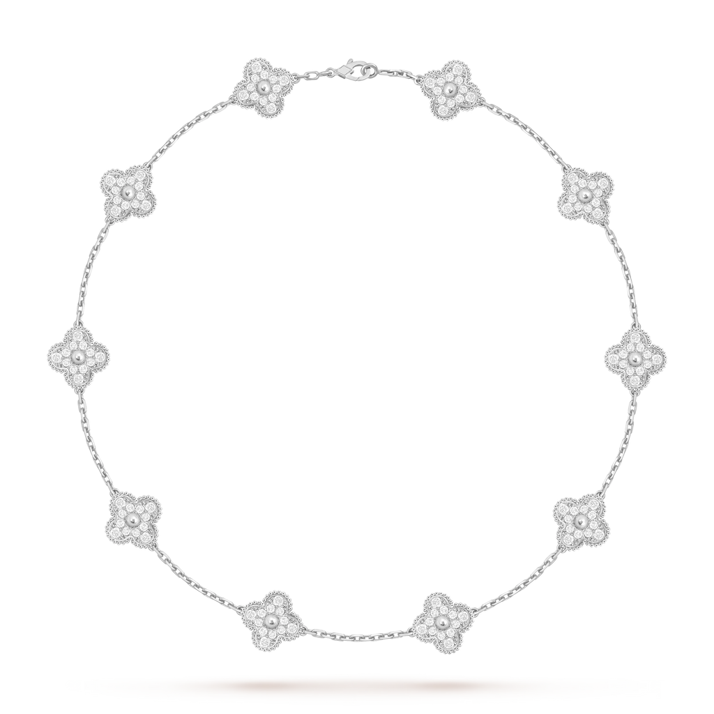 Klassische Lucky Halskette mit 10 vierblättrigen Kleeblättern aus Weißgold