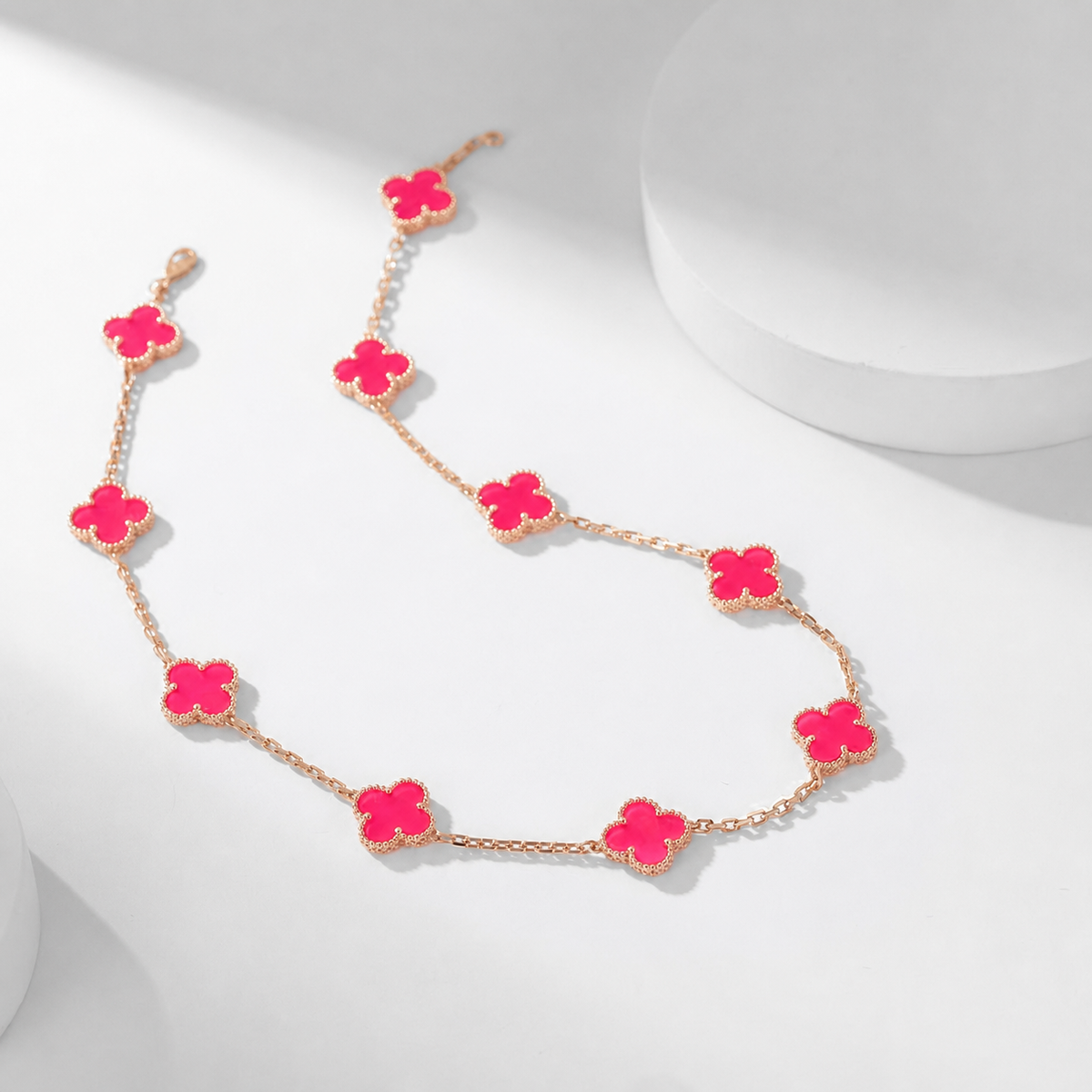 NEW CLOVER 10 MOTIFS PINK ENAMEL NECKLACE