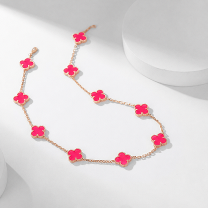 NEW CLOVER 10 MOTIFS PINK ENAMEL NECKLACE