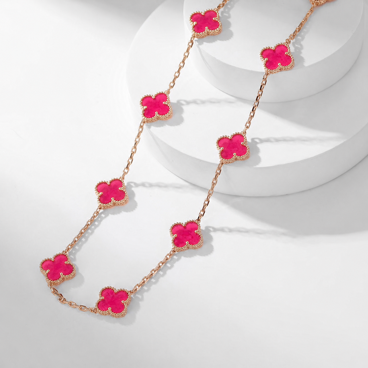 NEW CLOVER 10 MOTIFS PINK ENAMEL NECKLACE