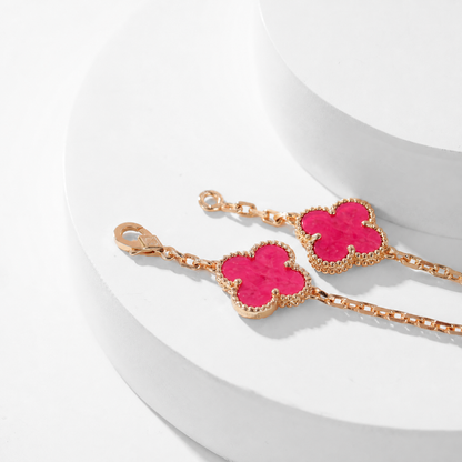 NEW CLOVER 10 MOTIFS PINK ENAMEL NECKLACE