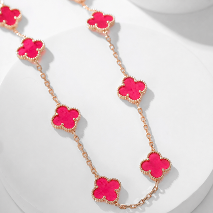 NEW CLOVER 10 MOTIFS PINK ENAMEL NECKLACE