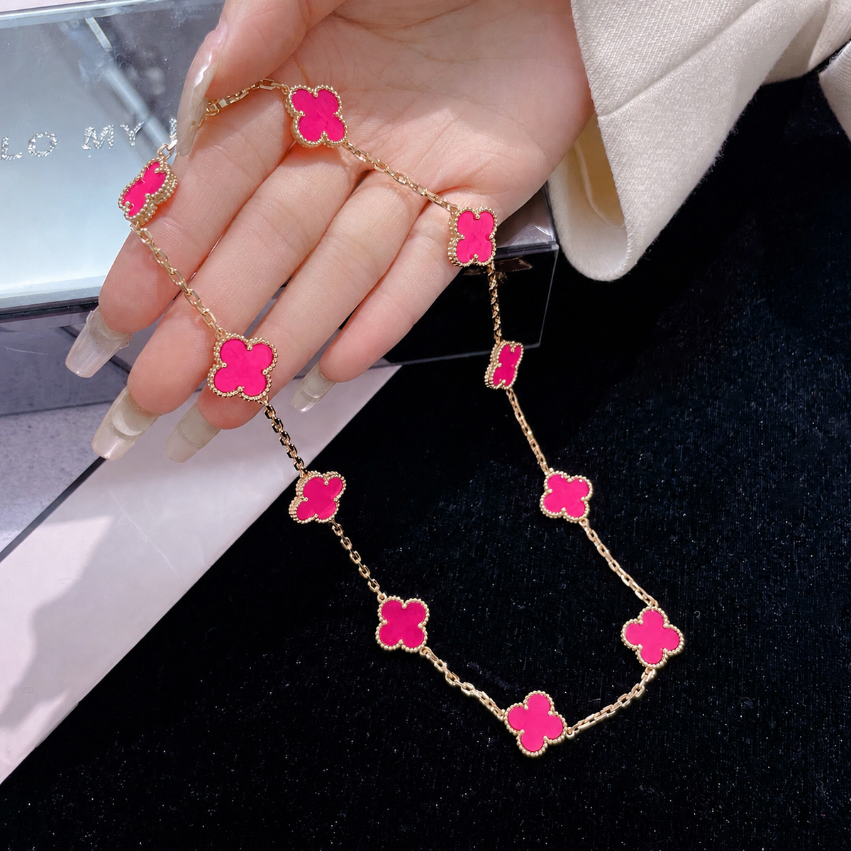 NEW CLOVER 10 MOTIFS PINK ENAMEL NECKLACE
