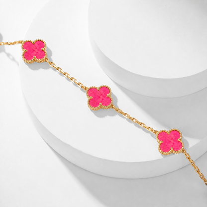 NEW CLOVER 10 MOTIFS PINK ENAMEL NECKLACE