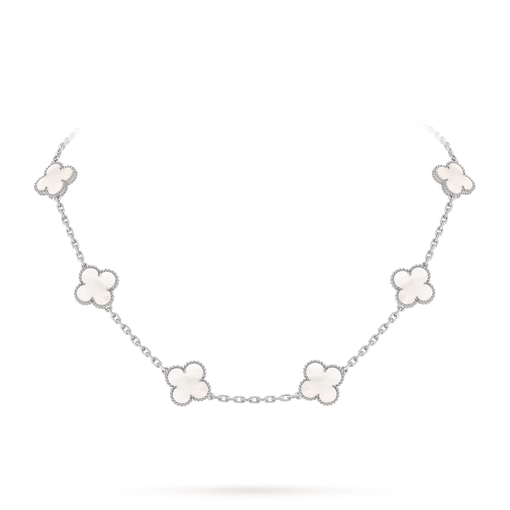 Klassische Lucky Halskette mit 10 vierblättrigen Kleeblättern aus Weißgold